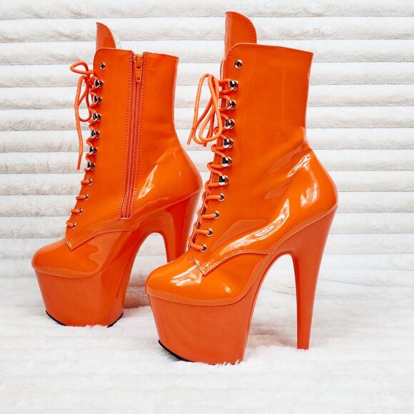 Adore Bright Orange Patent High Heel Platform Ankle Boots - Picture 4 of 8